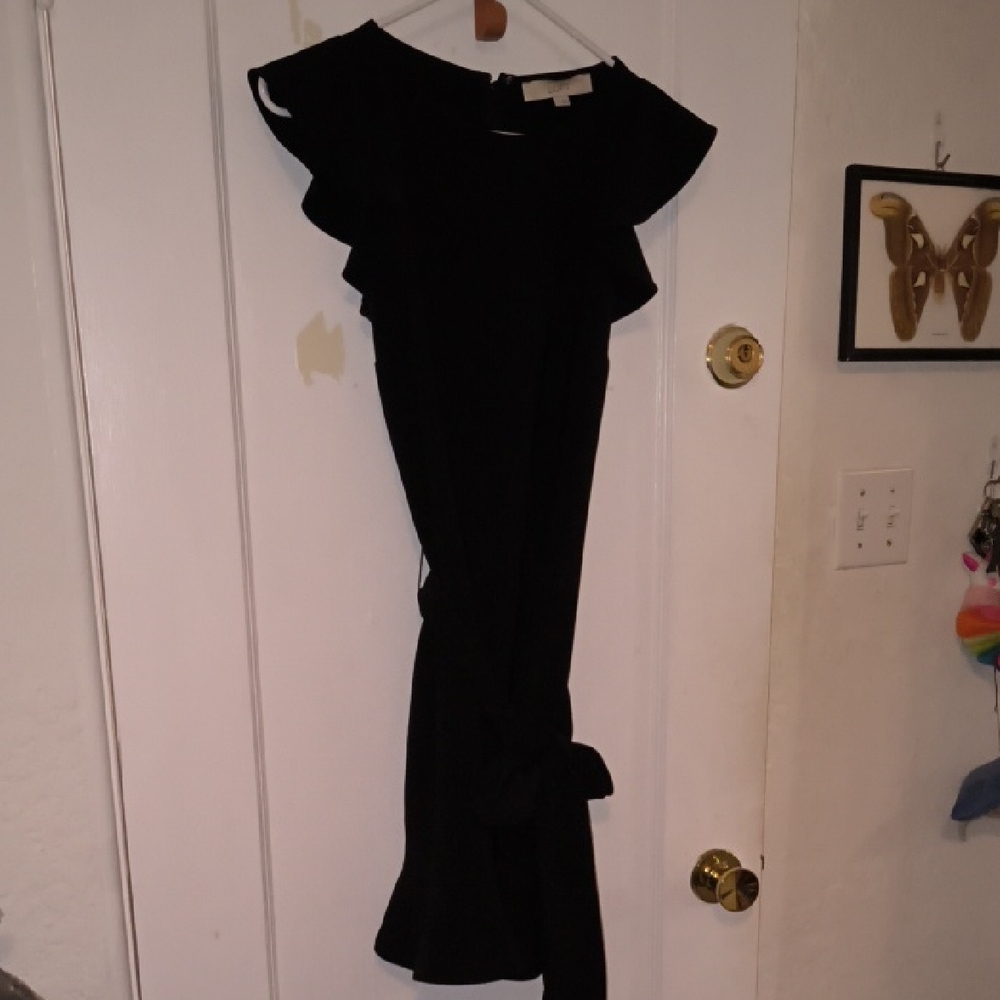 LOFT | Black Midi Dress with Ruffle Detail